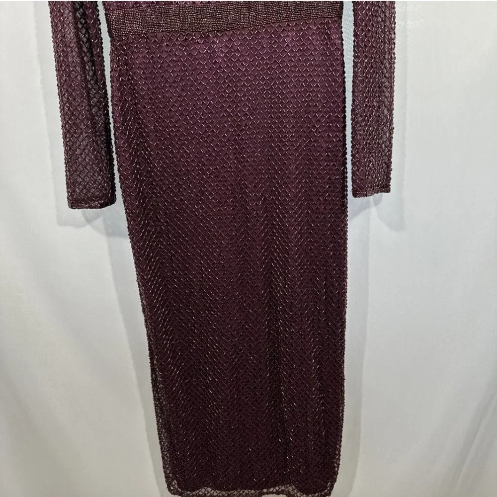 NEW $398 Mac Duggal [ 10‎ ] Bugle Beaded Long Sleeve Midi Dress Abergine #Q487 - Picture 9 of 15